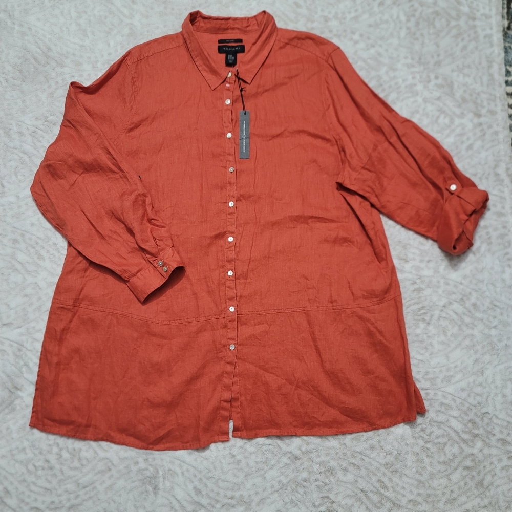 Tahari  Roll-Tab Sleeve Button Down Tunic Top Women’s Size 3X 100%Linen Orange